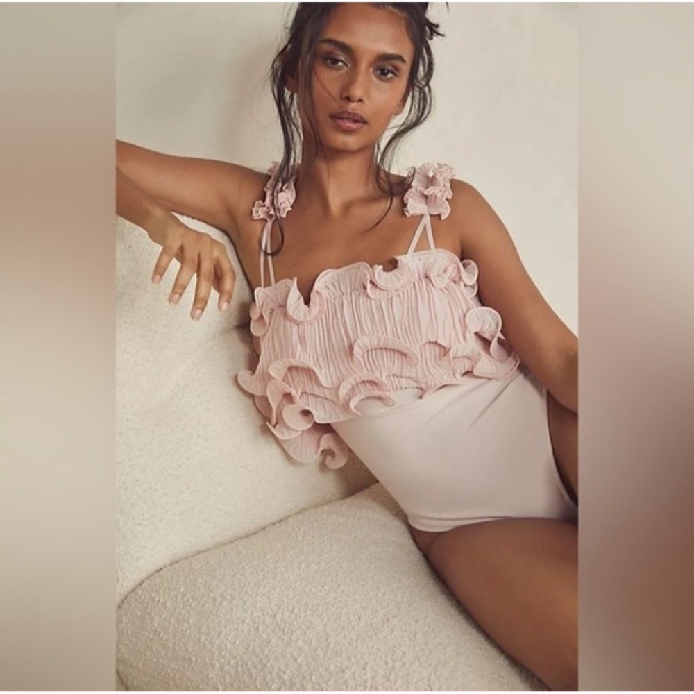 Free People For The Frill Of It Bodysuit Pink‎ Ruffle Tulle Lace Size Medium - Picture 4 of 13